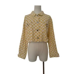 Le Lis Yellow/White Checkerboard Cropped Jean Jacket Frayed Bottom - Medium